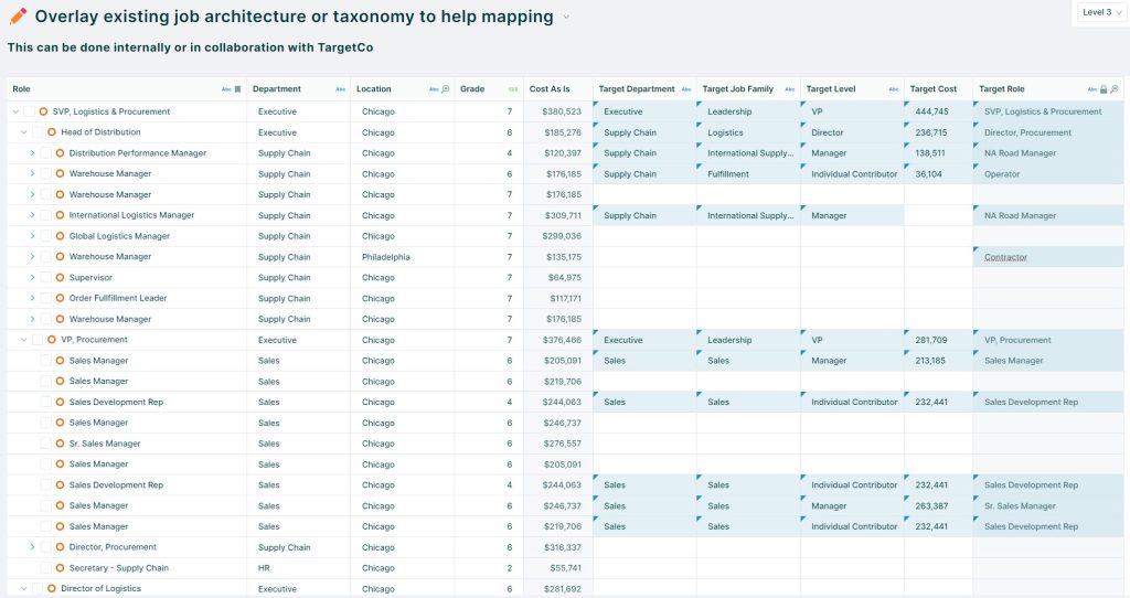 A detailed spreadsheet view of an organisational role allocation in OrgVue.